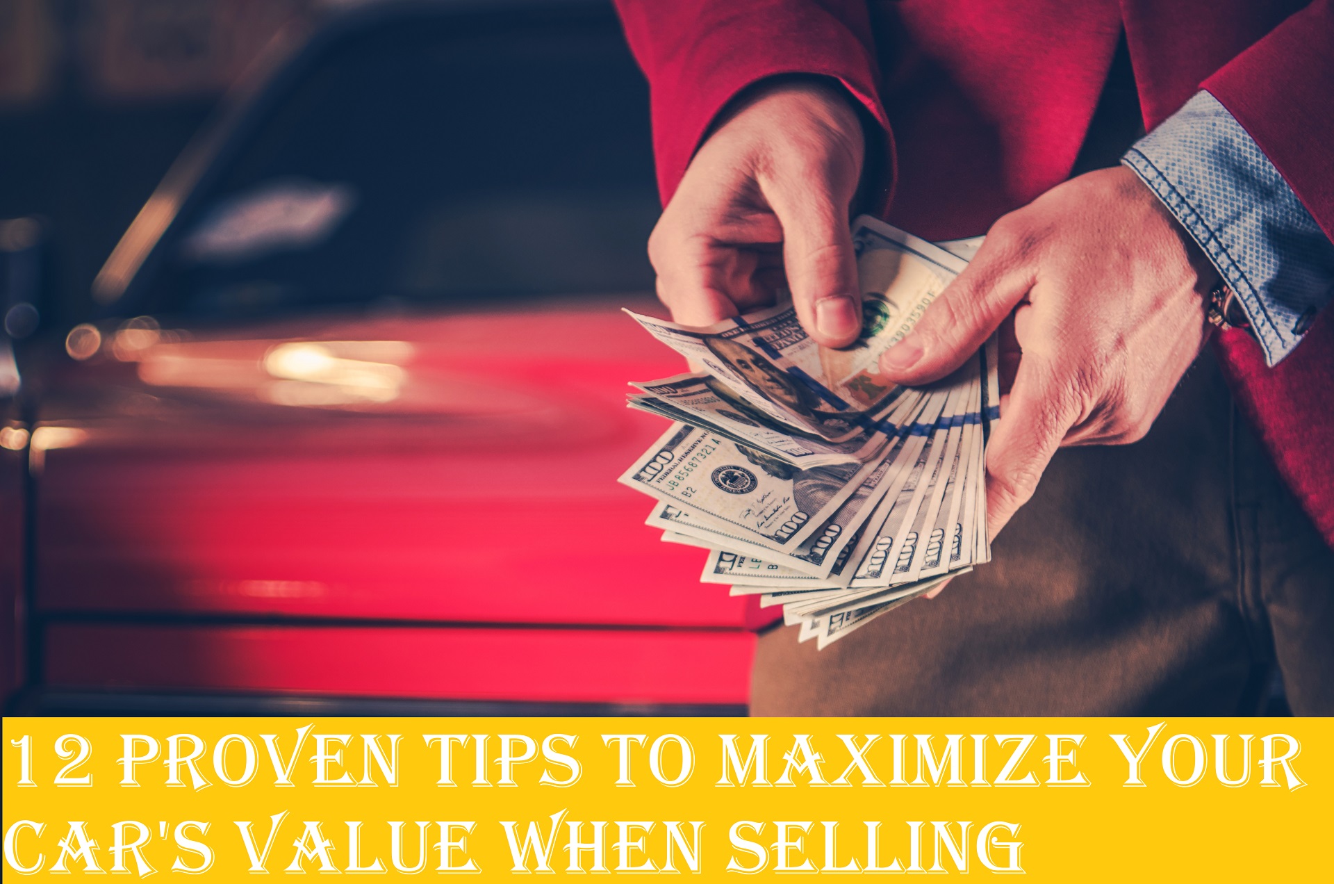 A man holding money in the hands next to a car